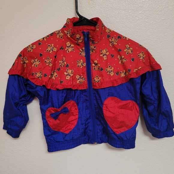 Vintage Sunterra Kids Red and Blue Windbreaker w Heart Pockets Teddy Bear Print - Picture 1 of 5